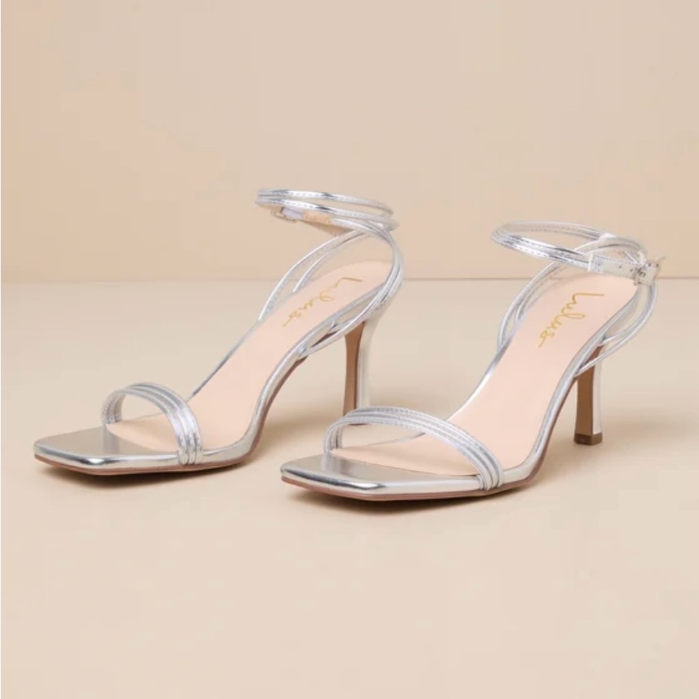 Lulu’s Ellara Silver Metallic Strappy Square-Toe High Heel Sandals